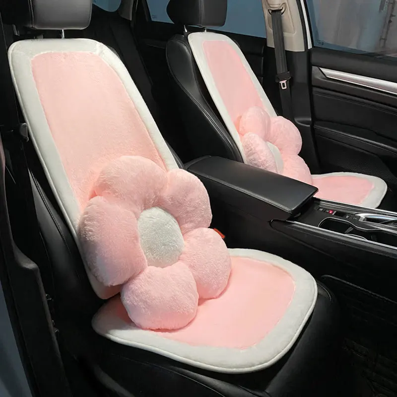 Winter Soft Plush Universal Car Seat Cover Pink White Artificial