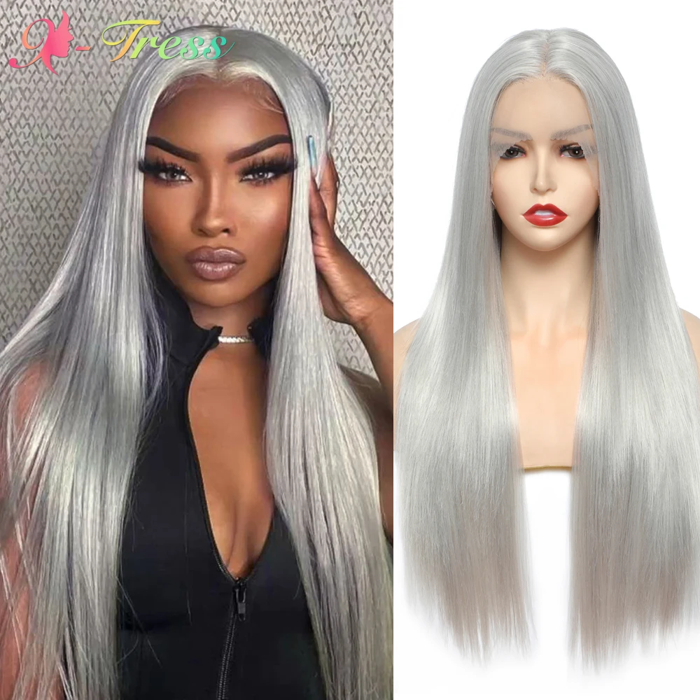 

X-TRESS Ash Grey Color Straight Lace Front Wigs Synthetic T Part Transparent Lace Wig for Black Women Heat Resistant 26 Inch