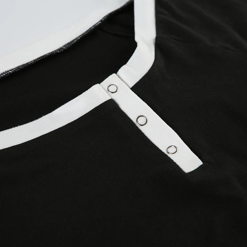 Contrast Binding Off Shoulder O Neck Slim Long Sleeve Basic Black T Shirt Women Asymmetric Button Up Chic Fashion Streetwear Tee