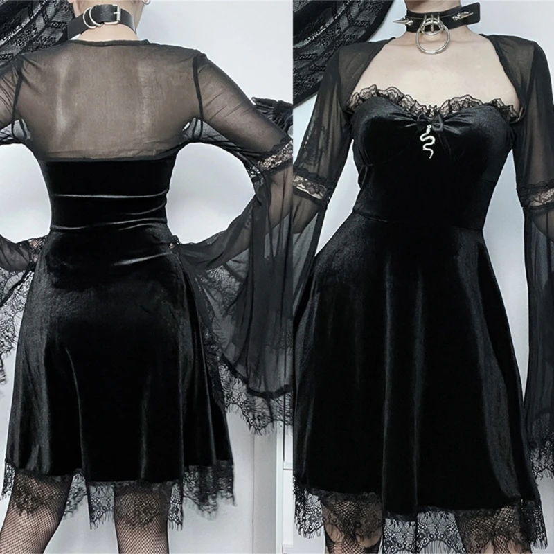 

Women Punk Gothic Lace Dress Flare Long Sleeve A Line Midi Dress Grunge Vintage Velvets Dress Sexy Fall Long Dresses Dropship