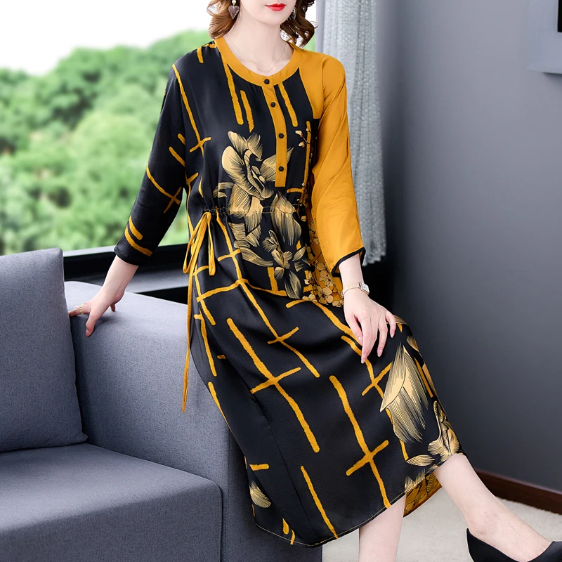 

2023 New Fashion Silk Printed Dress Women's Summer Vintage Round Neck Long Sleeve Loose Fit Casual Holiday Dress Vestidos