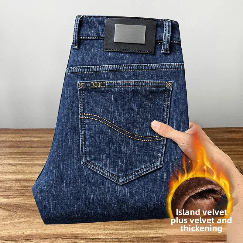 Lee Dexjeans hommes doublé polaire épaissi noir hiver chaud jambe droite coupe ample mi-âge affaires décontracté élastique