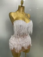 2025 Sexy Pearl Sequins Tassel Sleeveless Glitter Mini Dress Women Singer Bar Nightclub Stage Performance Clothing Show Outfit - Image 5