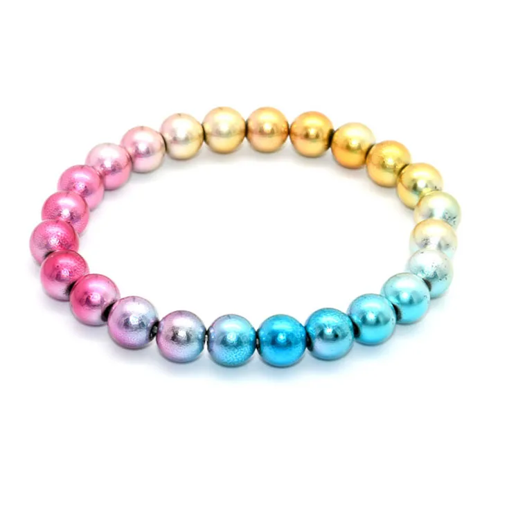 

New Design Rainbow Color Plating 8mm Hemattie Round Beaded Elxatic Bracelet For Summer Women Beach Jewelry