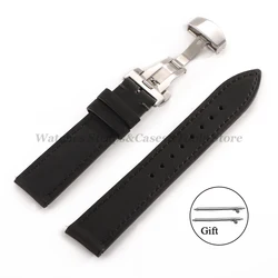 Vintage - Style Crazy Horse Leather Watch Strap with Butterfly Buckle and Timeless Stitching - 22mm (Black)