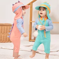 1-7Y Baby Boys Girls One Piece Swimwear Swimsuit Dinosaur Style Children Bathing Beach Suit Long Sleeve Sunscreen With Sun Hat 1