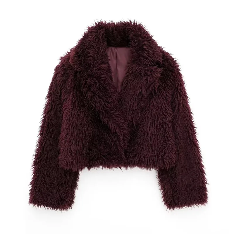 Koekop Women's Fashion Burgundy Asymmetric Thick Collar Fur Coat Vintage Casual Chic Temperament Lady Short Jacket 2
