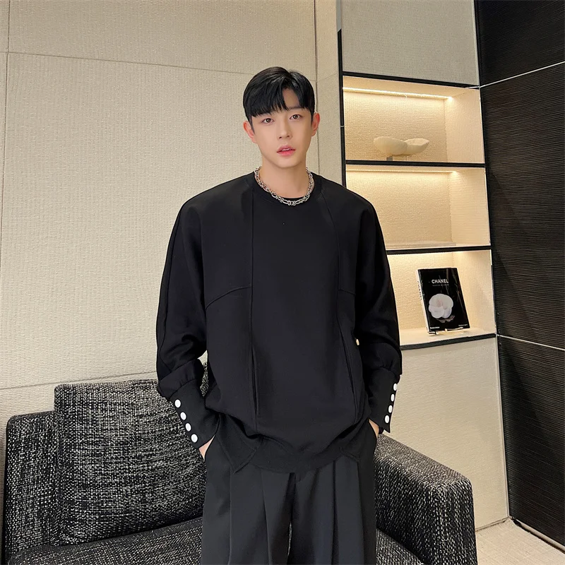Autumn Fashion Cuff Multi-Button Sweatshirts Men's Irregular Design Pullover Leisure Fashion Long Sleeve Contrast Color Tops