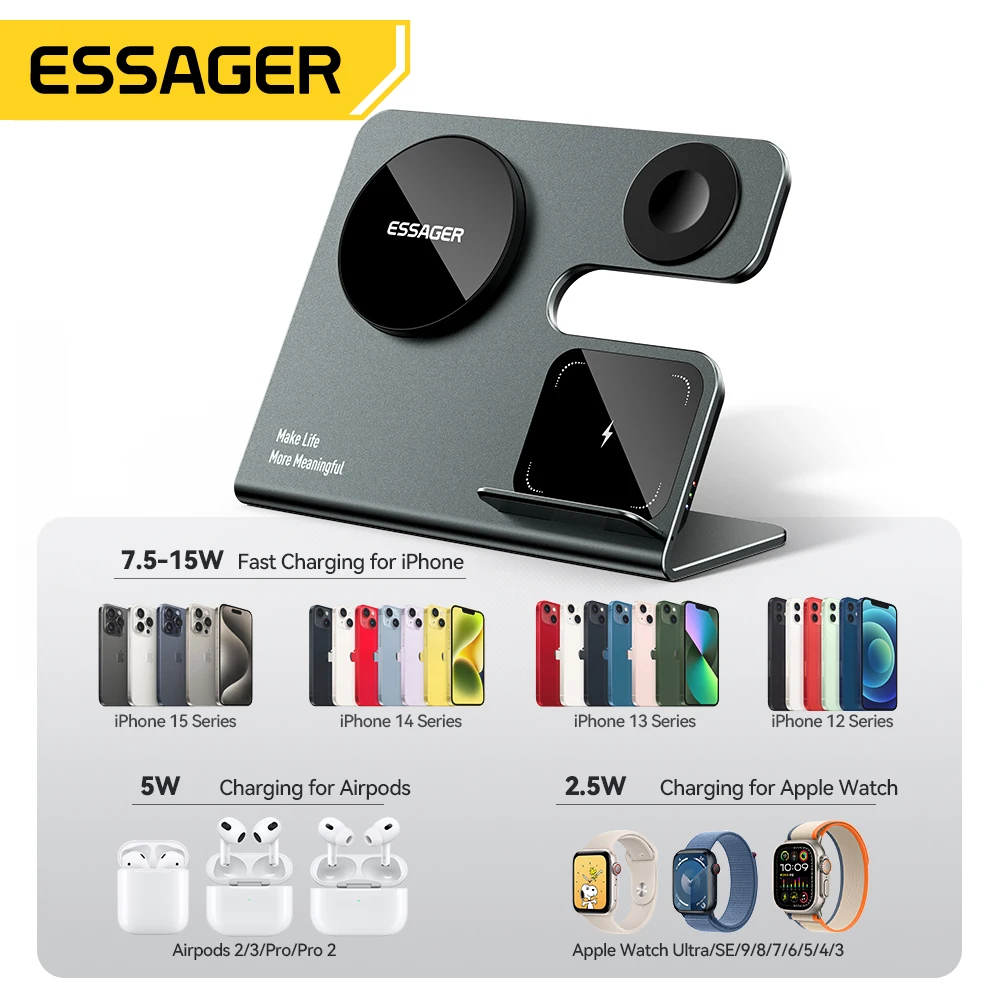 3 in 1 Magnetic Wireless Desktop Charger PD15W Fast Charging Station for iPhone 15 14 13 12 Pro Max Apple Watch Airprods magnetic wireless charger magnetic charging cable
