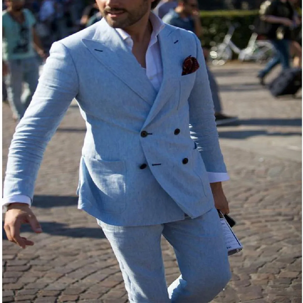 

2022 Light Blue Man Suit Double Breasted Groom Tuxedos Linen Wedding Suits Blazer 2 Pieces Linen Suits for Summer(Jacket +Pants)