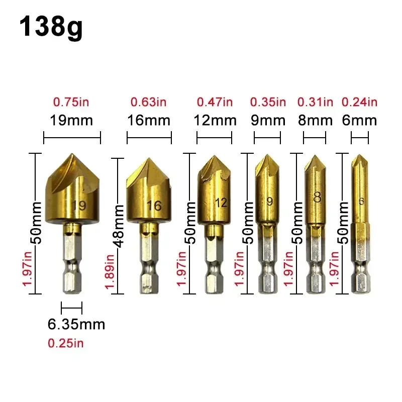 Hexagonal Titanium Plated Five Edge Countersunk Drill 6-19mm Set