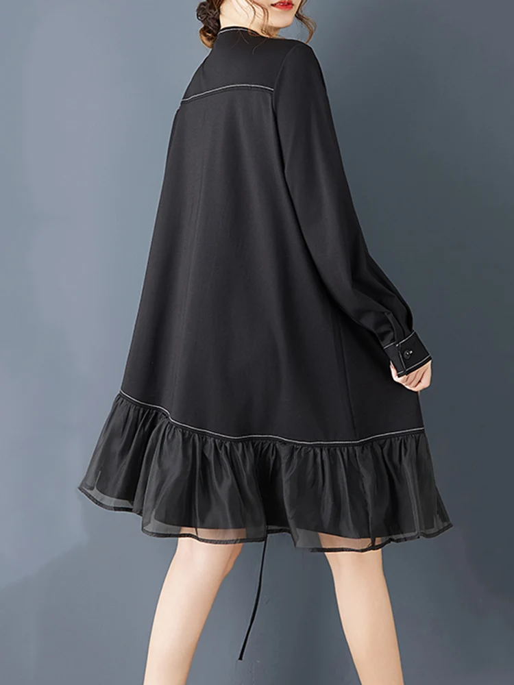 Long Sleeve Patchwork Mesh Oversized Shirt Dresses For Women New Loose Casual  Midi Dress Elegant Clothing Spring Autumn 2025