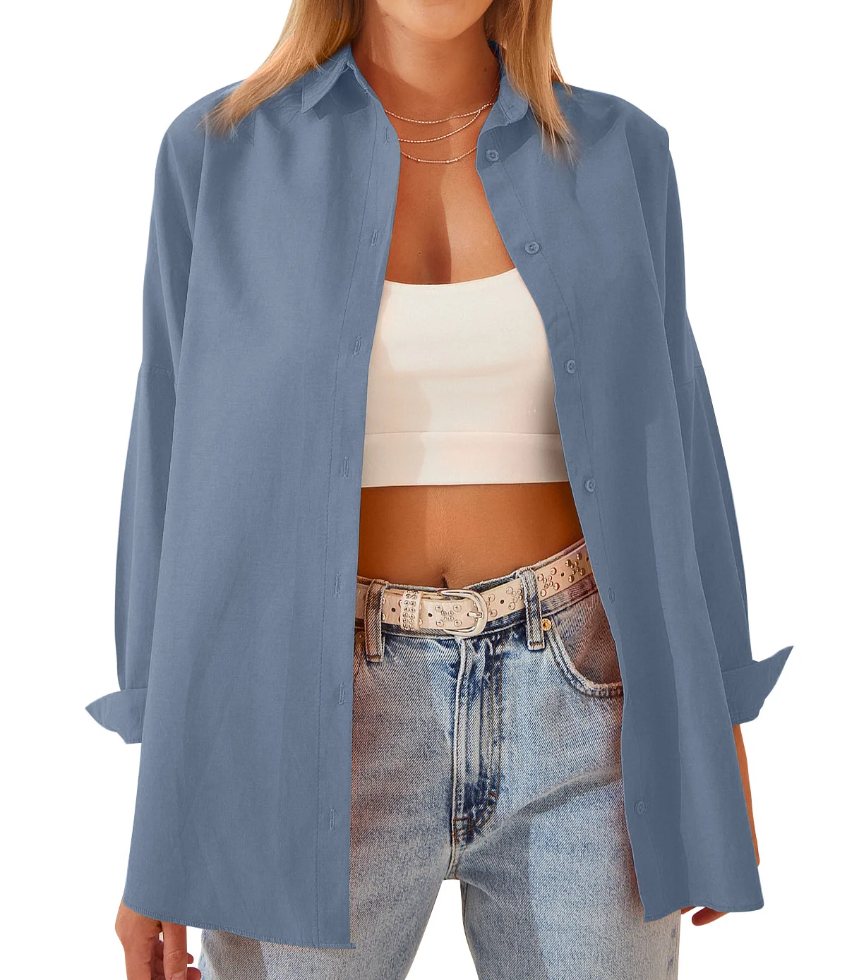 Womens Clothing V-neck Solid Button Long Sleeve Casual Blouse