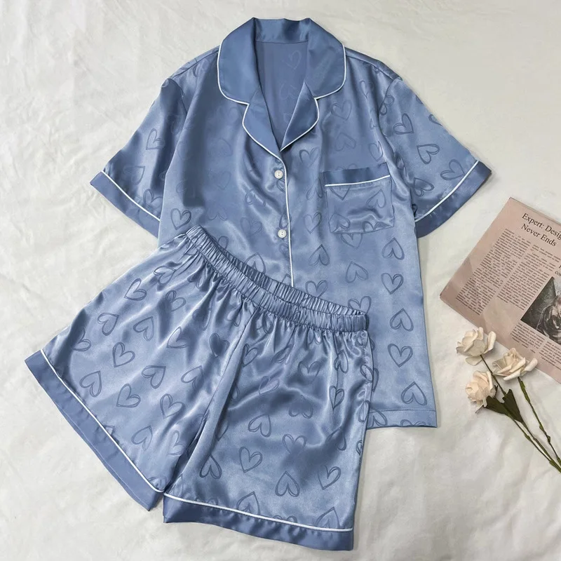 Ling 2Pcs Summer Ice Silk Pajamas Women's Short Sleeves Fresh Heart Printing Thin Casual Home Clothes Suit Blue Color