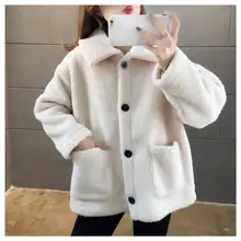 Abrigo de lana de cordero para mujer, abrigo coreano con cuello vuelto, estilo Harajuku, chaquetas cálidas de piel sintética Natural para Otoño e Invierno
