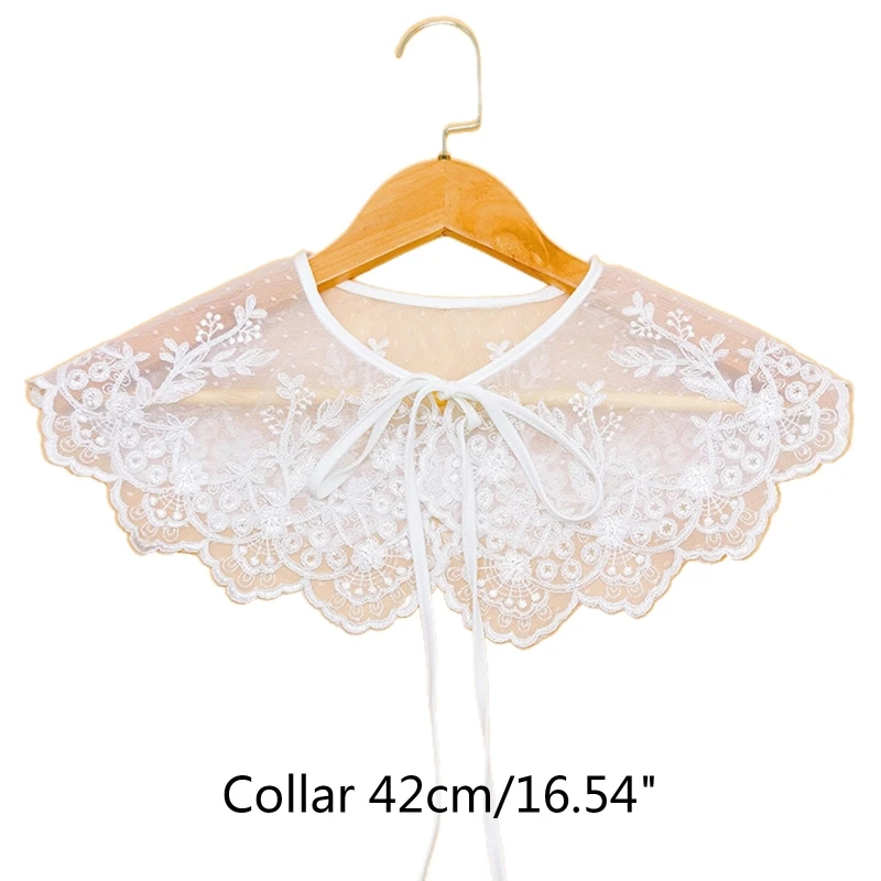 Women Vintage Sweet Embroidery Floral Lace Fake False Collar Shawl See-Through Mesh Trim Lace-Up Bowknot Scarf Cape