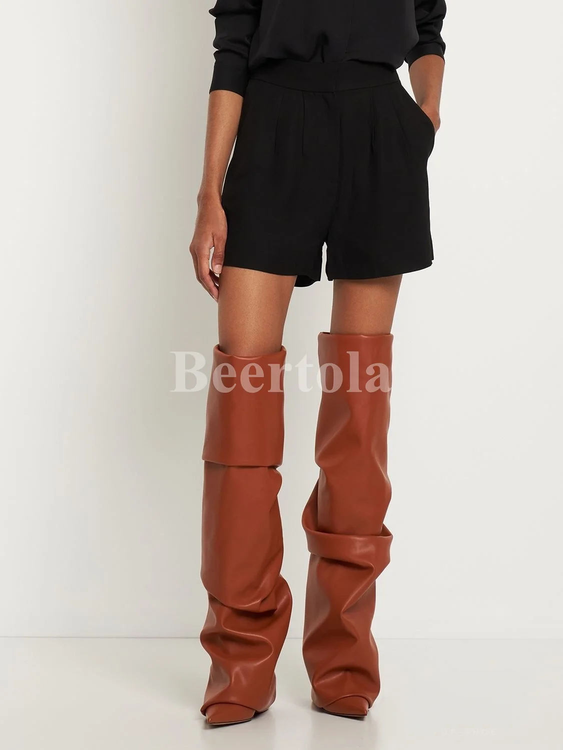 

2023 New Solid Color Pointed Toe Over Knee Boots Super High Heel Stiletto Thigh High Boot Women Slip On Leather Shoes Plus Size