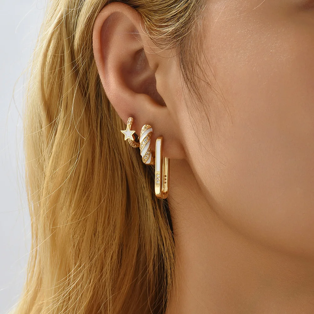 Trendy White Enamel Round Earring Hoops for Women CZ Zircon Geometric Star Heart Huggie Earring Party Jewelry Gifts