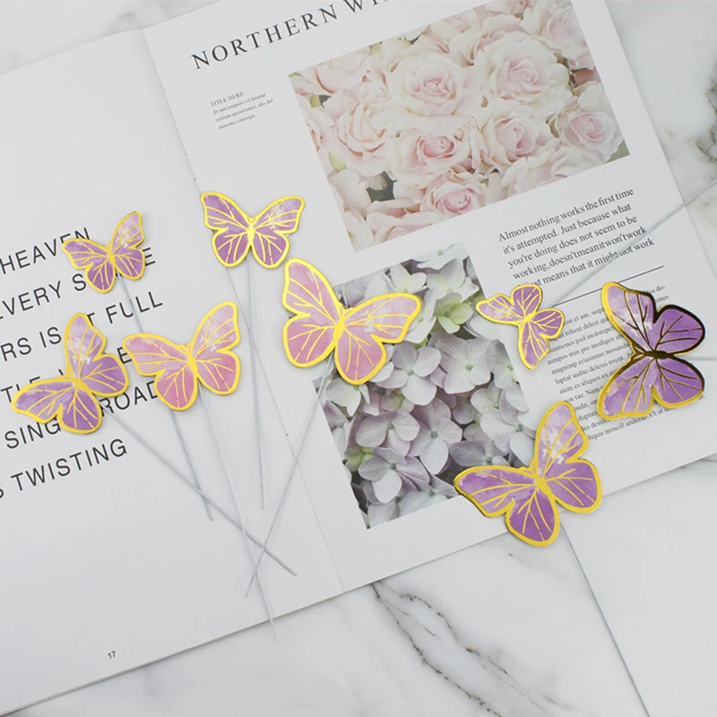 

10pcs Stamping Gold Pink Butterfly Cake Toppers Happy Birthday Party Decor Girl Wedding Dessert Cake Decor Baby Shower Gifts