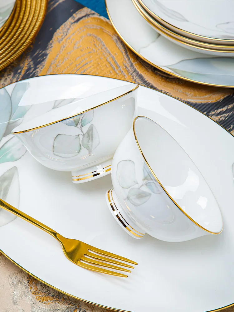 Dish Set Household Luxury Bone China Tableware Jingdezhen Bowl Plate Combination Relocation Bowl Chopsticks Plate Ceramic