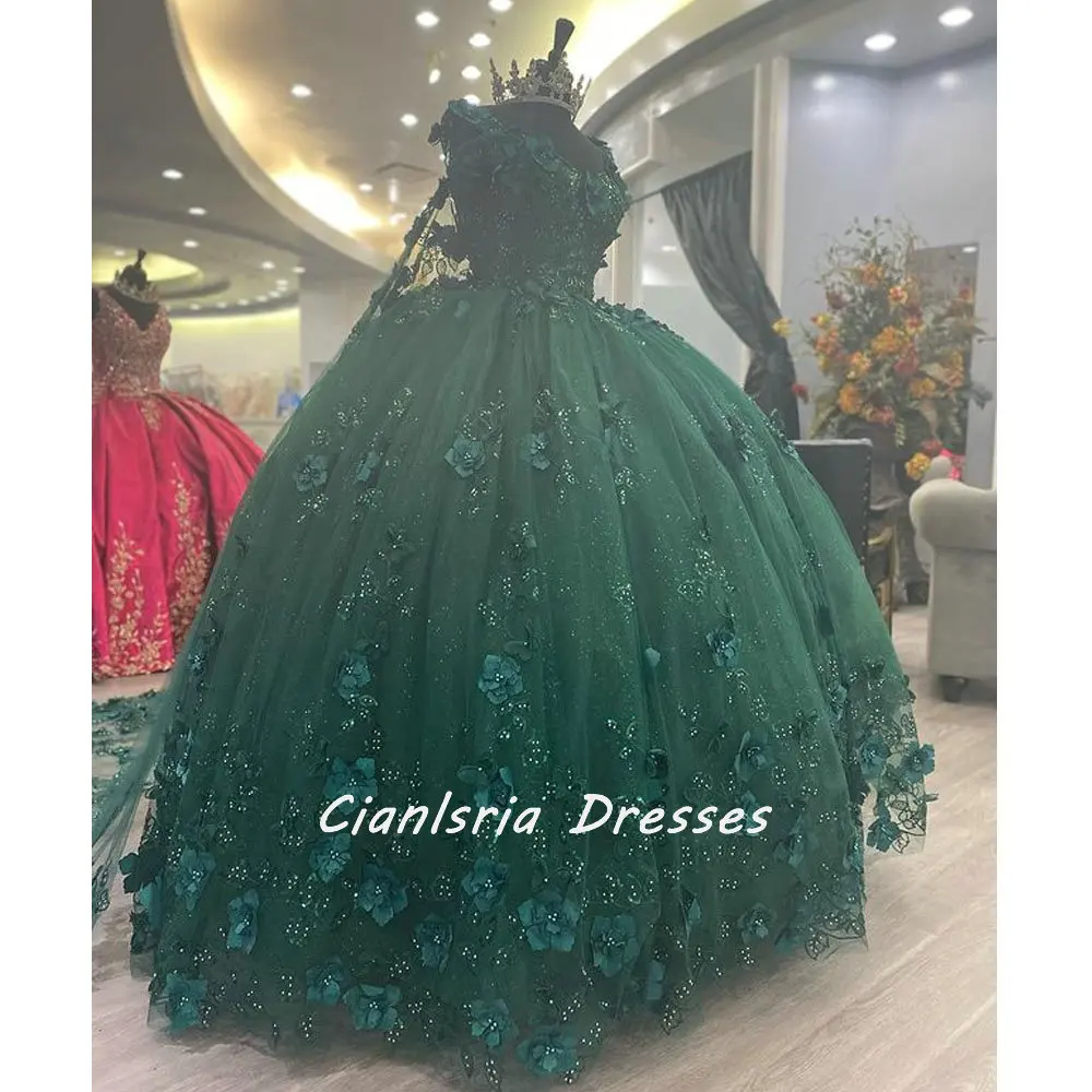 

Emerald Green 3D Flowers Mexican Quinceanera Dress Ball Gown Off The Shoulder Pearls Sequined Corset Sweet 16 Vestido De XV Anos