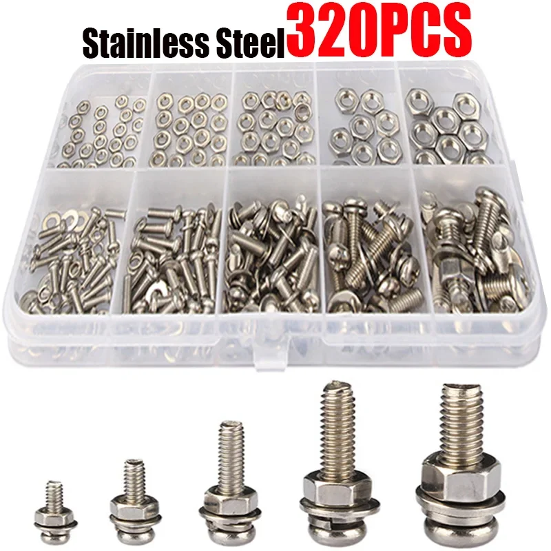 Stainless Steel Screws Screw Bolt Nut Set 320Pcs Stainless Steel SS304 Screws Head Screws Nuts Bolts Assortment Kit M2 M2.5 M3 M4 M5 Metic Nut and Bolt Assortment