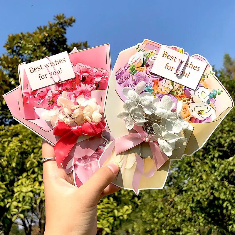 Flower Bouquet Shape Rose Blossom 3D Greeting Card For Thanksgiving Mother's Day Birthday Valentine's Day 1Pc