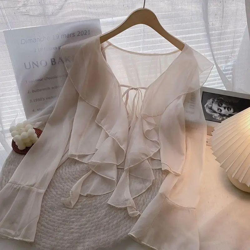 Large Size Ruffled Chiffon Cardigan Summer New Long Sleeve Solid Color Thin Loose Short Shirt Tops Fashion Casual Women Clothing
