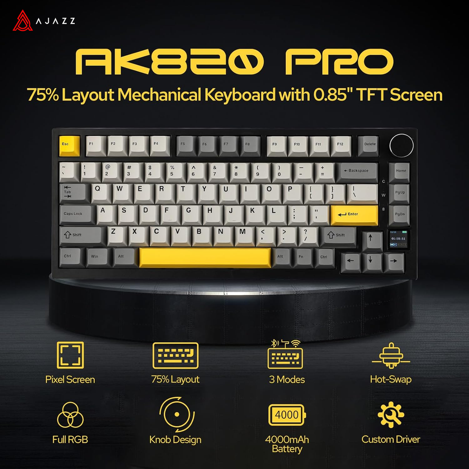 Ajazz AK820/AK820Pro Gaming Mechanical Keyboard Bluetooth 5.1/Wireless/C-Wired Customized Keyboard with Knob Hot Swapping Gasket