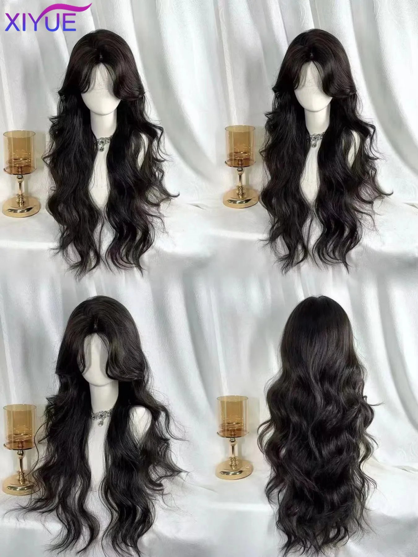 XIYUE 75cm Super Long Black Wavy Synthetic Wigs with Bangs for Women Afro Dark Water Wave Cosplay Natural Hair Wig Heat Resistan