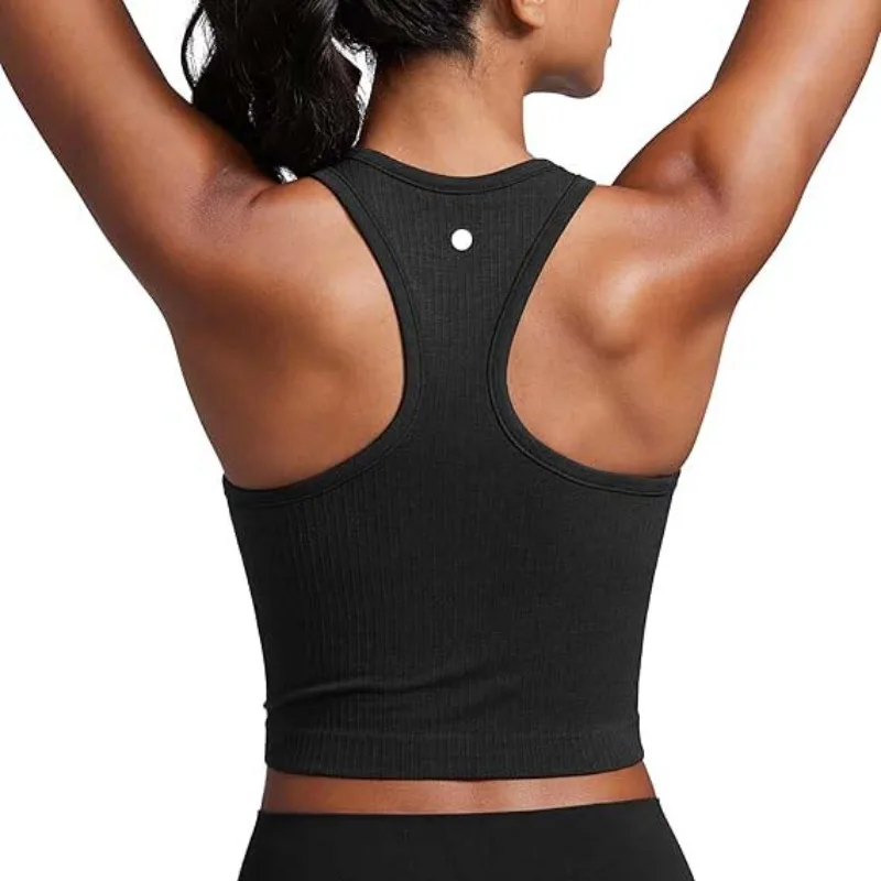 YOGA Womens Seamless Ribbed Longline High Neck Sports Bra-Racerback Padded Slim Fit Crop Tank