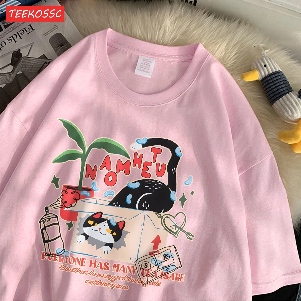 Straße Baumwolle frauen T-Shirts Retro Cartoon Katze Druck Tops Oversize Oansatz Weiche Kurzarm Sommer Casual Weibliche Kleidung – Detail 22