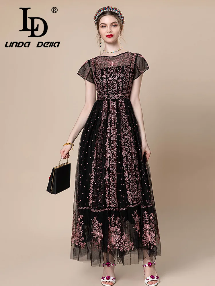 

LD LINDA DELLA 2024 Summer luxury designer party Dresses for Women's Short Sleeve Dot Splice Netting Embroidery Long Dress