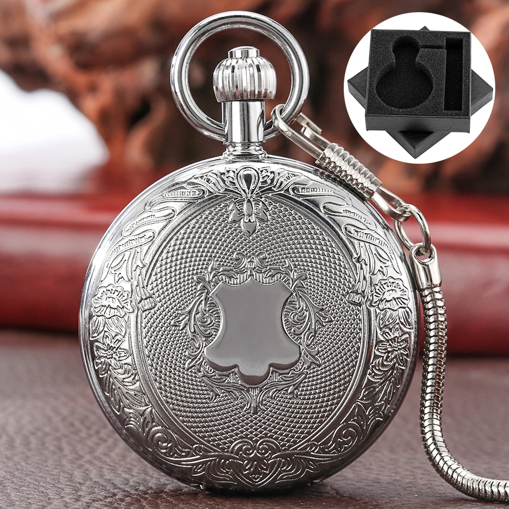 

Classic Vintage Shield Design Copper Mechanical Pocket Watch Men Gift Box Fob Chain Pendant Antique Self Winding Clock Male