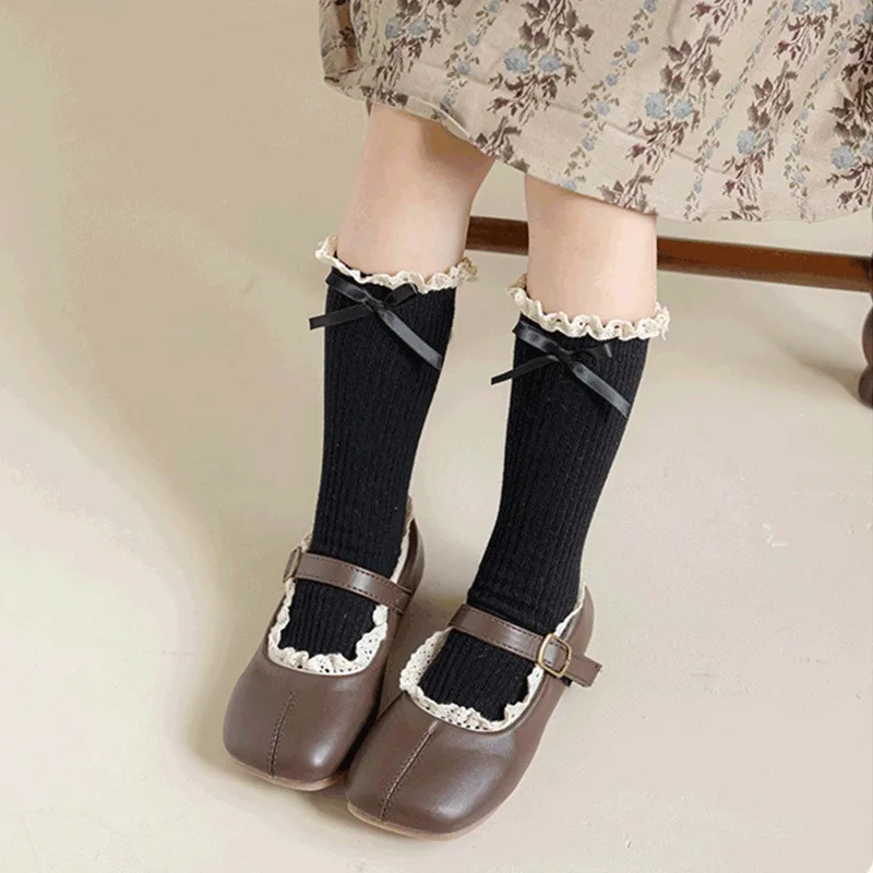 Children Baby Cute Princess Lace Ruffle Bow Calf Knee High Long Socks for Little Girls Lolita Kids Retro Cotton School Stockings