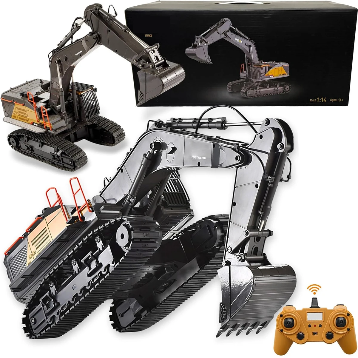 HUINA 1592 RC 굴삭기 1:14 스케일 22채널 2.4G 반합금 원격 조종 엔..