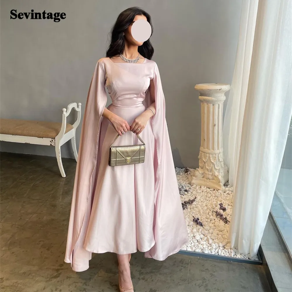 

Sevintage Baby Pink Saudi Arabic A-Line Prom Dresses Long sleeves Tea-Length Formal Evening Gowns Women Special Party Wear 2023