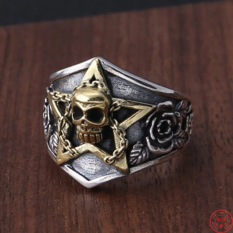 

Genuine S925 Sterling Silver Rings for Women Men New Fashion Relief Rose-skull Five Pointed Stars Punk Jewelry Free Shipping