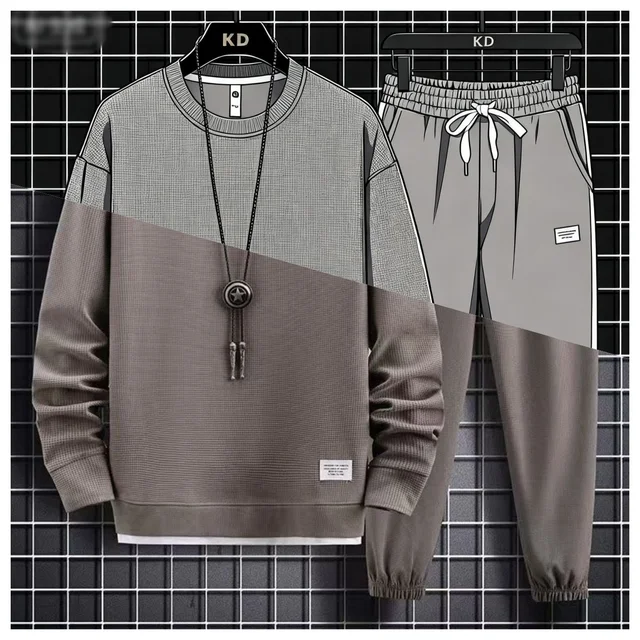 2025 printemps et automne nouveaux hommes gaufre deux pièces sweat-shirt décontracté et pantalon de sport ensemble ensemble de sport pour hommes ensemble de sport de mode 1