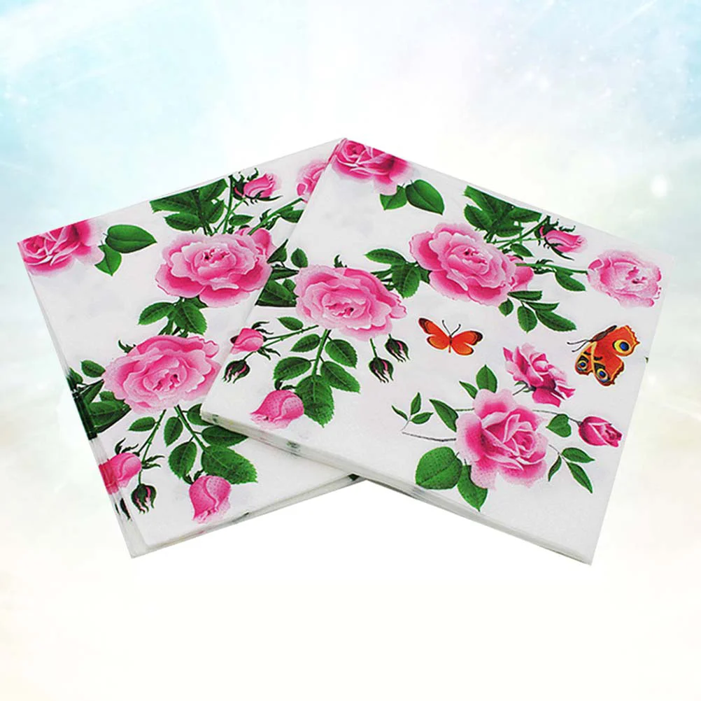 20Pcs Rose Print Napkins Disposable Party Paper Napkins Eco Friendly Wood Pulp Material Printed Serviettes Sanitary Tissue
