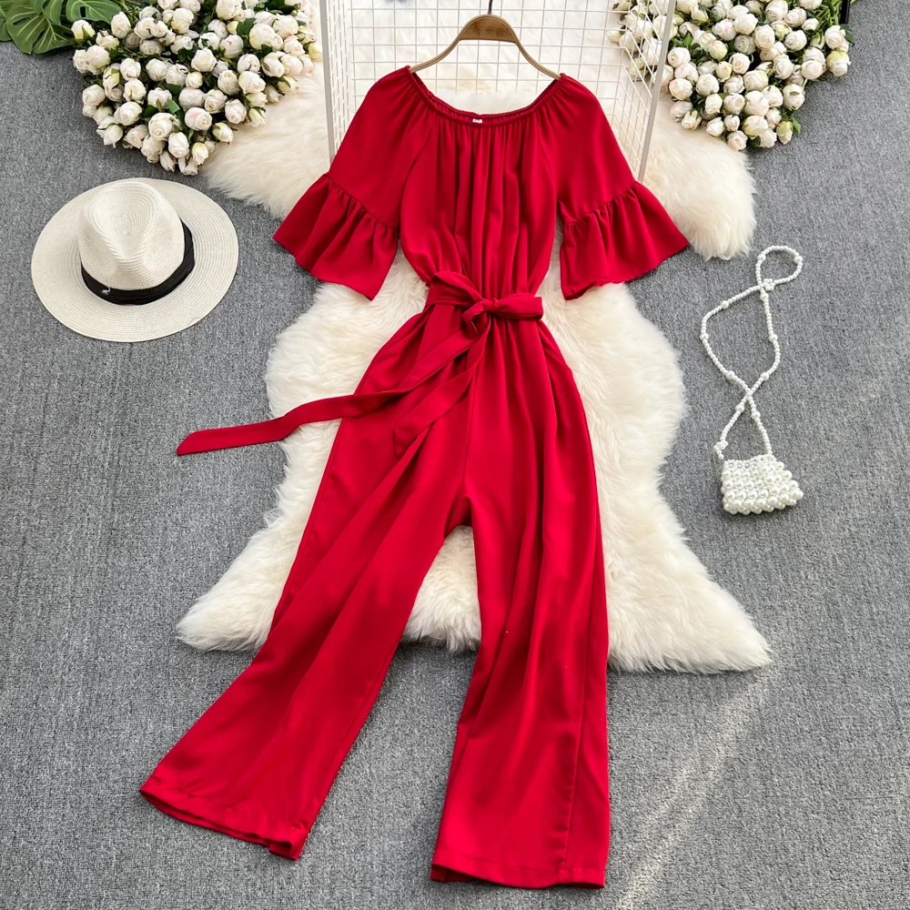 

Seaside Holiday Jumpers with One Shoulder Off and Waist Closed Show Thin Straight Tube Wide Leg Pants Summer 2022