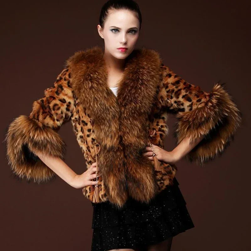 Elegant Coat Winter Faux Fur Women Leopard Print Coat Plus Size Raccoon Fur Warm Thicken Luxury Coats Woman Loose Outwear 4XL