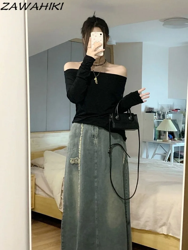 American Frayed Solid Color Vintage Distressed A-line Long Denim  