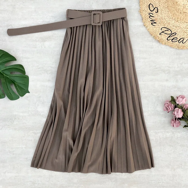 midi skirt PEONFLY New Women Fashion Belt Solid Color Pleated Midi Skirts Faldas Mujer Ladies Elegant High Waist Retro Casual Skirts golf skirt Skirts