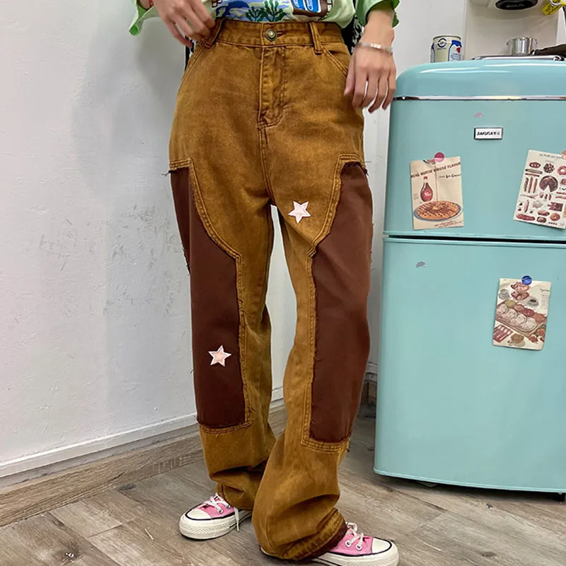 

Stars Brown Patchwork Jeans Men Women Retro Hip Hop Baggy Ripped Distressed Denim Trousers Street Mens Embroidery Cargo Pants