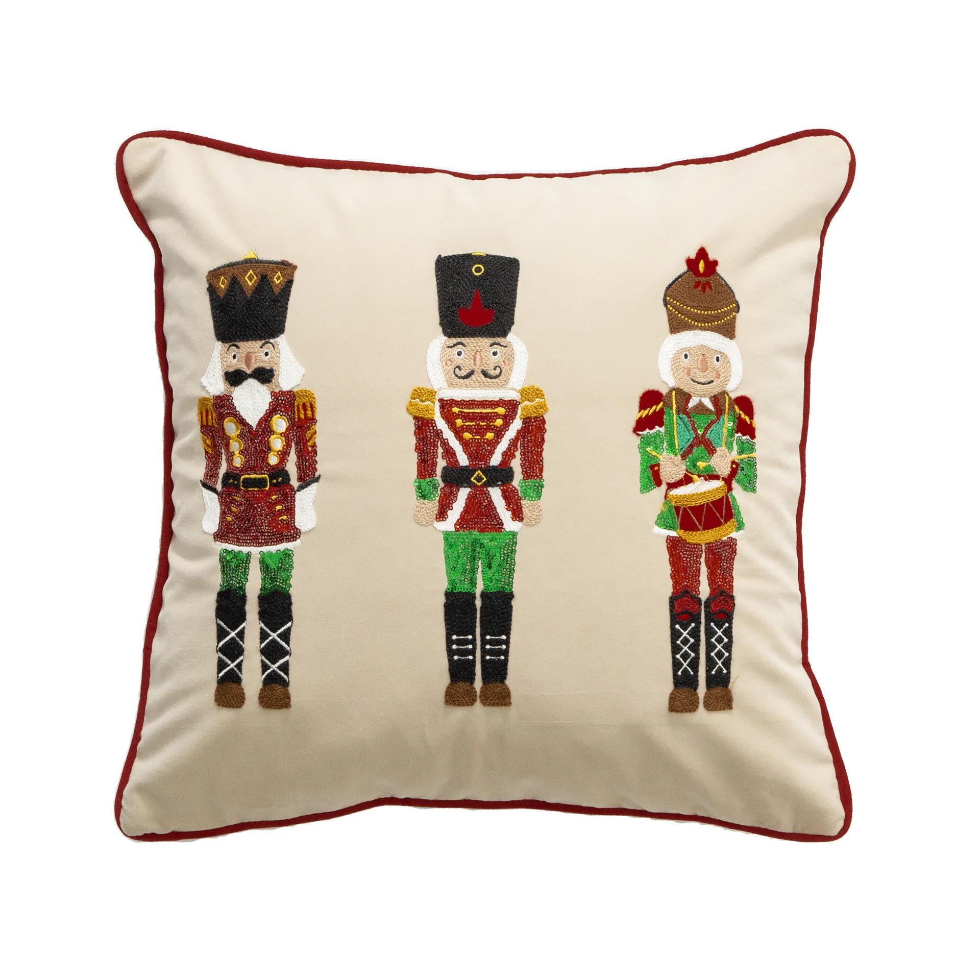 Festive White Embroidered Holiday Pillow Cover with Santa, Tree, and Nutcracker Design