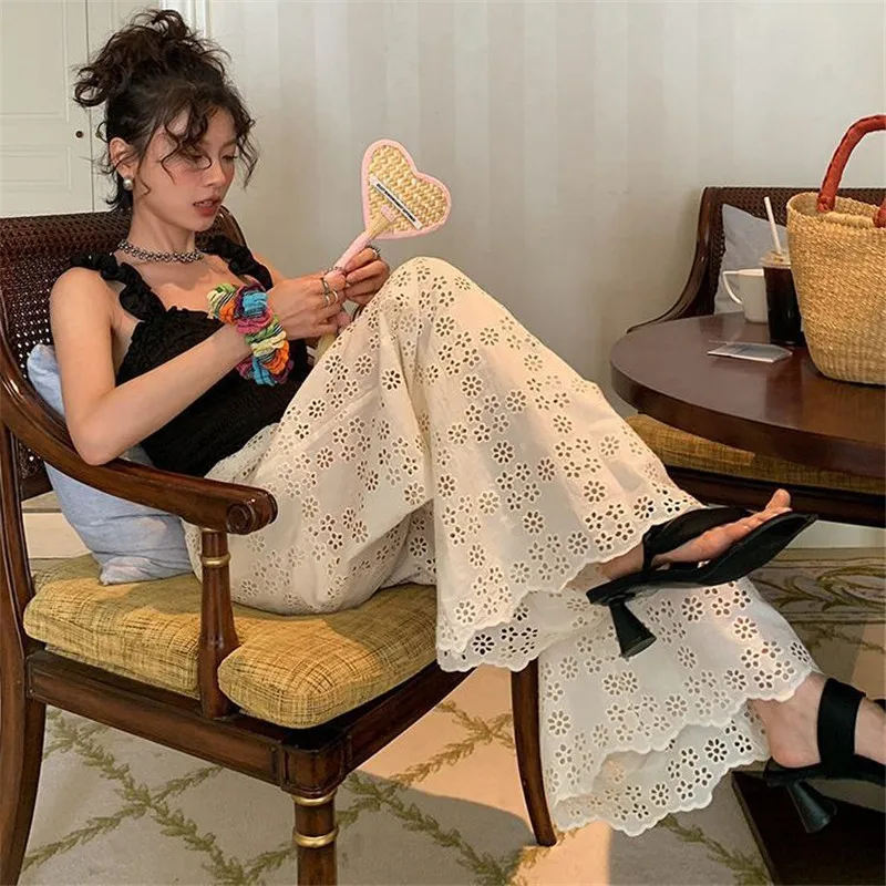 

Y2K Clothes Women Sexy Lace Hollow-Out Flower Design Casual Loose Wide-Leg Pants Summer Korean Fashion High Waist Trousers S-4XL