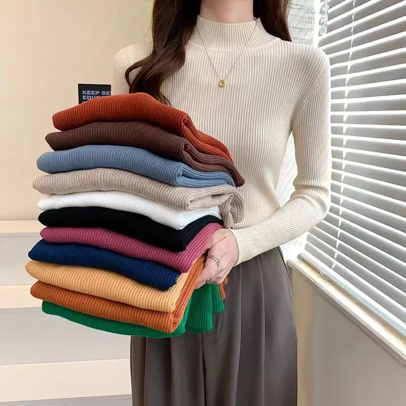 

Autumn Winter Turtleneck Sweaters Women Pullover Turtleneck Sweaters Vintage Solid Basic Knitted Tops Long Sleeved Sweaters New