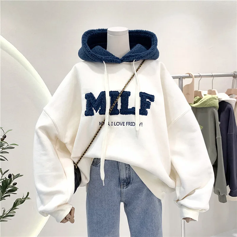 

Fashion Patchwork New Sweatshirt Women Winter Casual Loose Cotton Thick Letter Long Sleeve Hoodies Female Streetwear