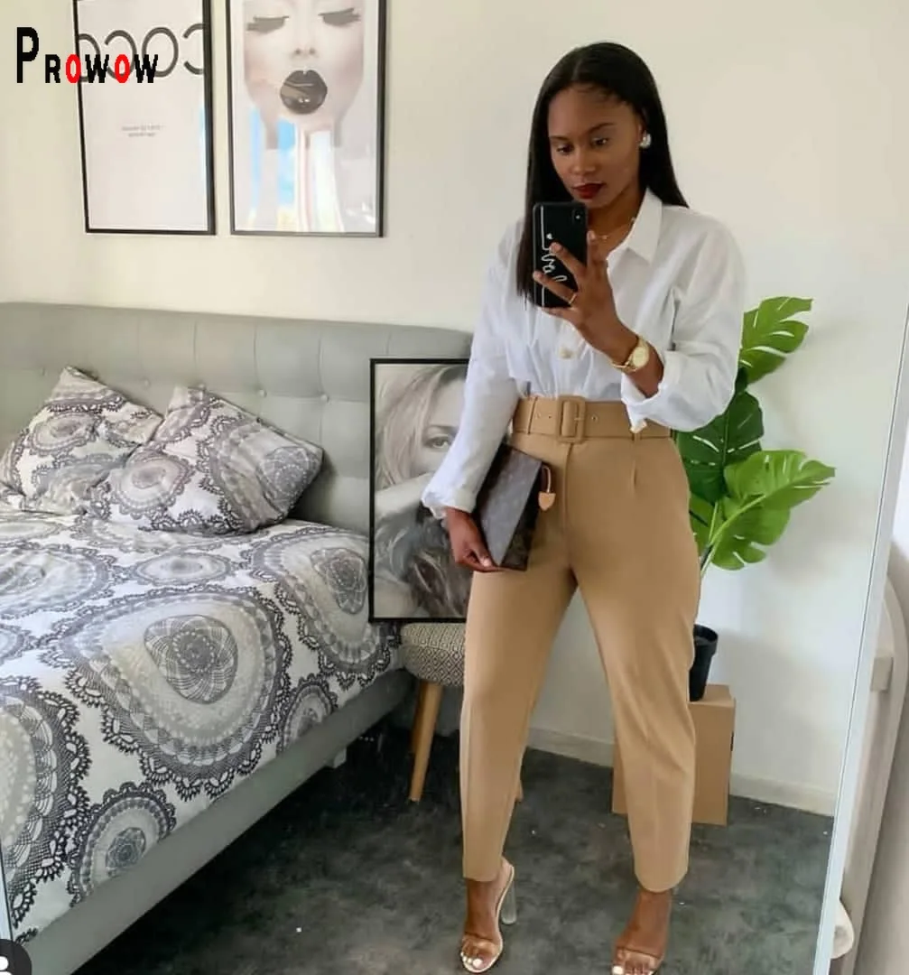 Prowow Women's Pant Solid Color Slim Fit Office Lady Trousers with Belt High Waisted Zipper Straight Female Clothing Bottoms